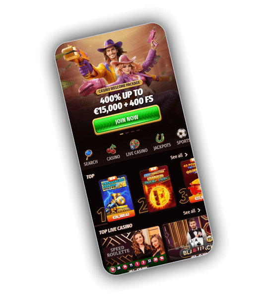 WestAce Casino lobby with cowboy welcome package artwork and featured games grid